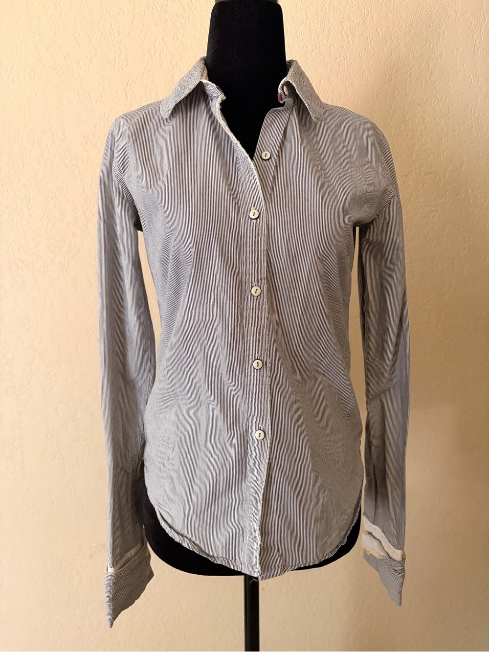 Trovata "Grace" Blue & White Micro-Stripe Button-Down Shirt - Size S